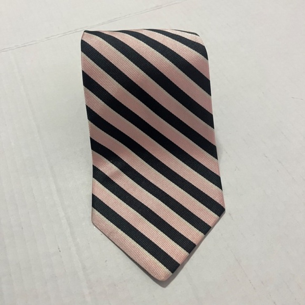 Brooks Brothers Makers Silk Tie English Silk Handmade USA Pink Black Stripe 3.75